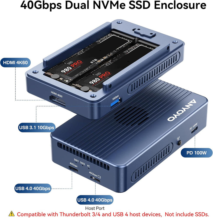 ANYOYO 40Gbps Dual-bay M.2 NVMe SSD Enclosure