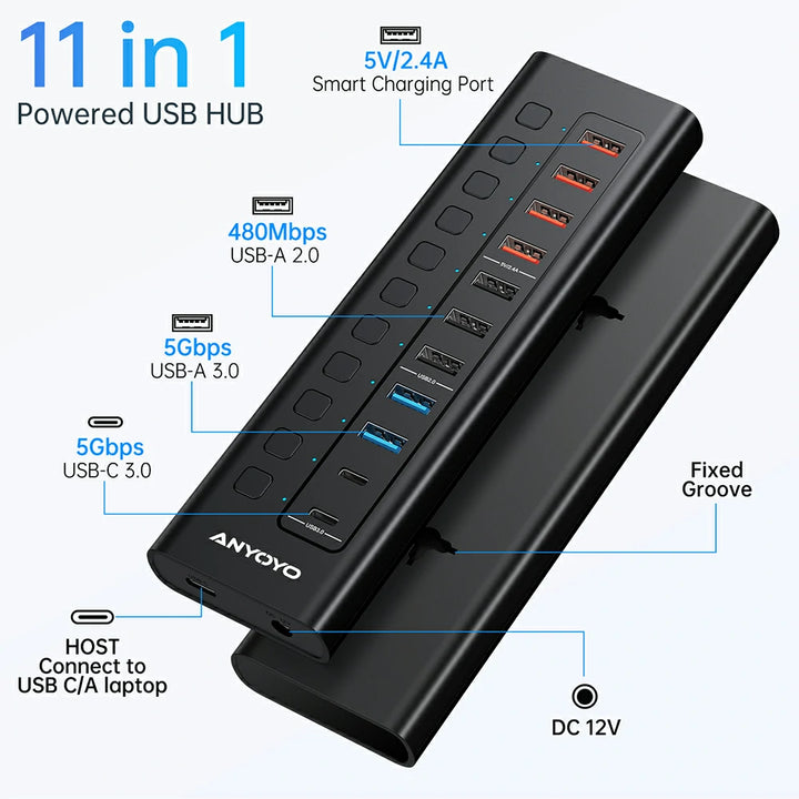 Anyoyo 11-Port 48W USB 3.0 Splitter Powered USB Hub