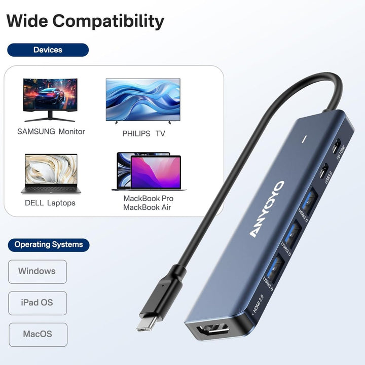 Anyoyo 6-in-1 USB C Hub Docking Station with 4K60 HDMI USB 3.0 5Gbps