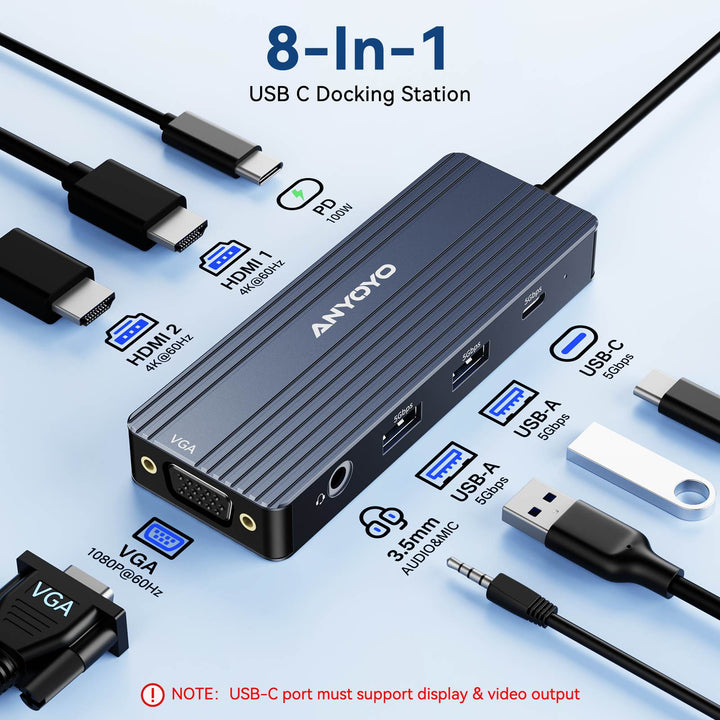 Anyoyo 8-in-1 Laptop Docking Station for 3 Monitors Expansion