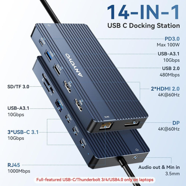 Anyoyo USB C Laptop Docking Station 3 Monitors with 2HDMI + DP 4K@60Hz